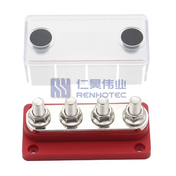 300A Red Bus Bar 3/8"(M10) Terminal Studs 12V-48V Power Distribution Block with Cover for Boat Automotive Car