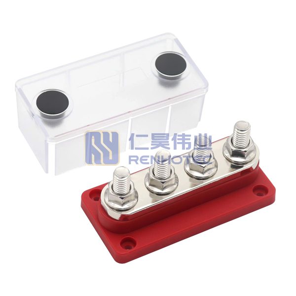 300A Red Bus Bar 3/8"(M10) Terminal Studs 12V-48V Power Distribution Block with Cover for Boat Automotive Car - Image 2