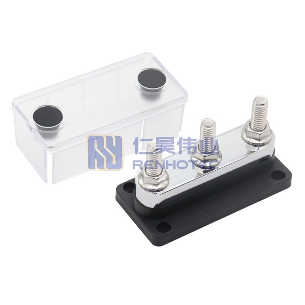 600A Black Bus Bar 3*3/8"(M10) Terminal Studs 12V-48V Power Distribution Block with Cover for Boat Automotive Car