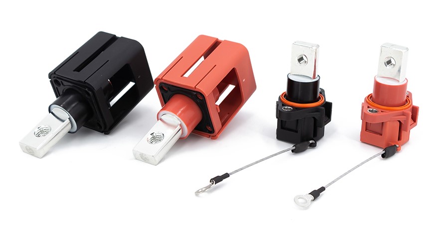 Professional high-voltage interlock (HVIL) connectors in orange and black housing for electric vehicle power battery and PDU systems.