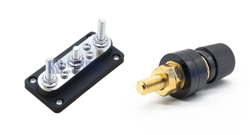 A comparison showing a multi-stud power distribution busbar block (left) and a single high-current electrical terminal binding post (right) for industrial and marine wiring.
