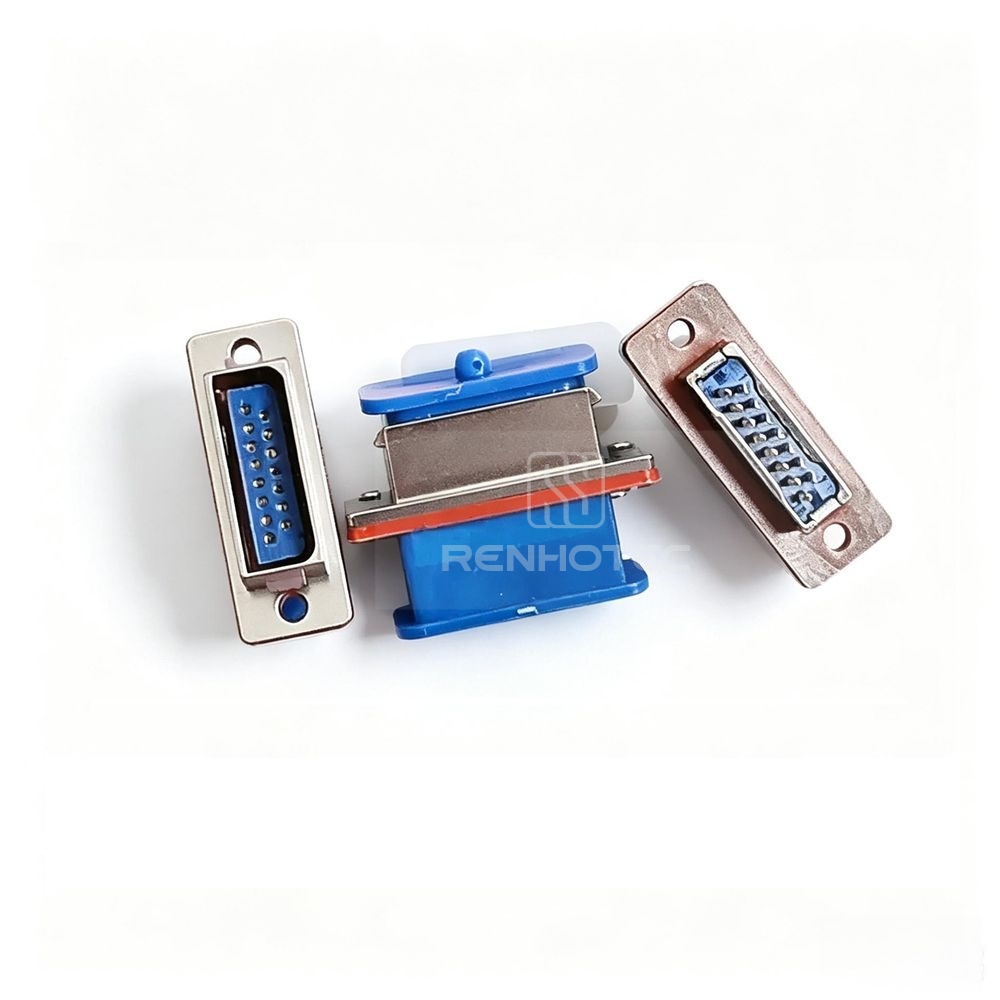J14A-15ZKB1 J14 series rectangular connector. Product image showing the exterior, pin layout (mating surface), and protective cover.