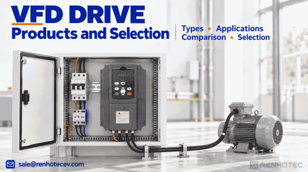 VFD Drive Products and Selection Guide blog cover, the image shows a variable frequency drive installed in a power distribution cabinet, with cables from the cabinet connected to a motor.